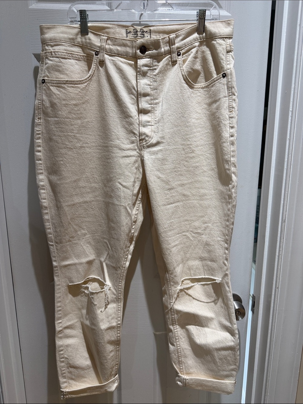 We The Free Cropped Cream Distressed Ankle Jeans